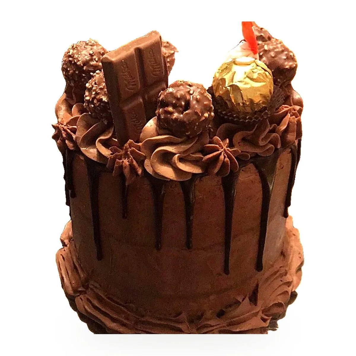Layer cake chocolat gourmand drip, Ferrero et Milka, gâteau d'anniversaire livré à Bobigny