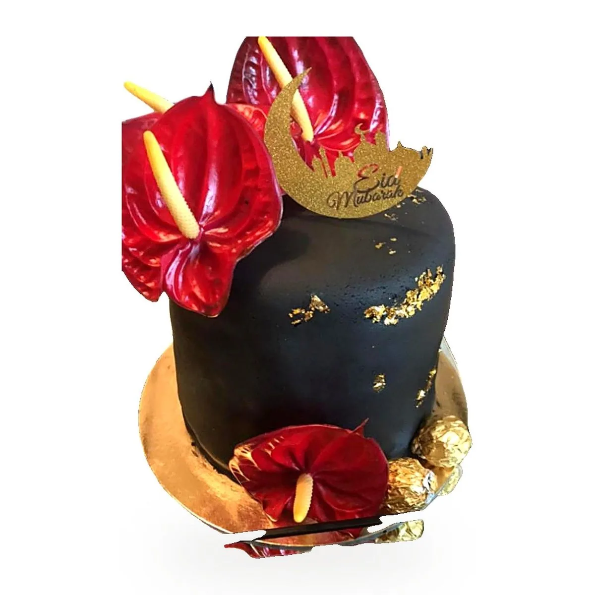 Gâteau noir et or Aïd Moubarak avec fleurs rouges, pâtisserie orientale livrée à Aubervilliers