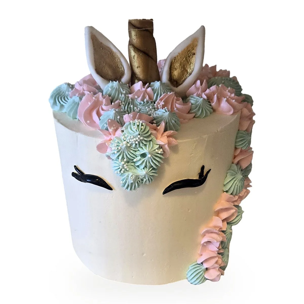 Gâteau à thème licorne blanc, corne dorée et crème pastel, gâteau d'anniversaire fille livré à Aulnay-sous-Bois