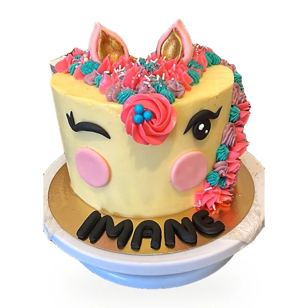 Gâteau licorne jaune et rose personnalisé, cake design Le Blanc-Mesnil