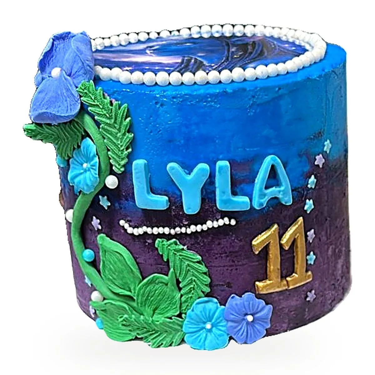 Gâteau à thème Avatar bleu et violet avec fleurs, gâteau d'anniversaire personnalisé livré au Blanc-Mesnil