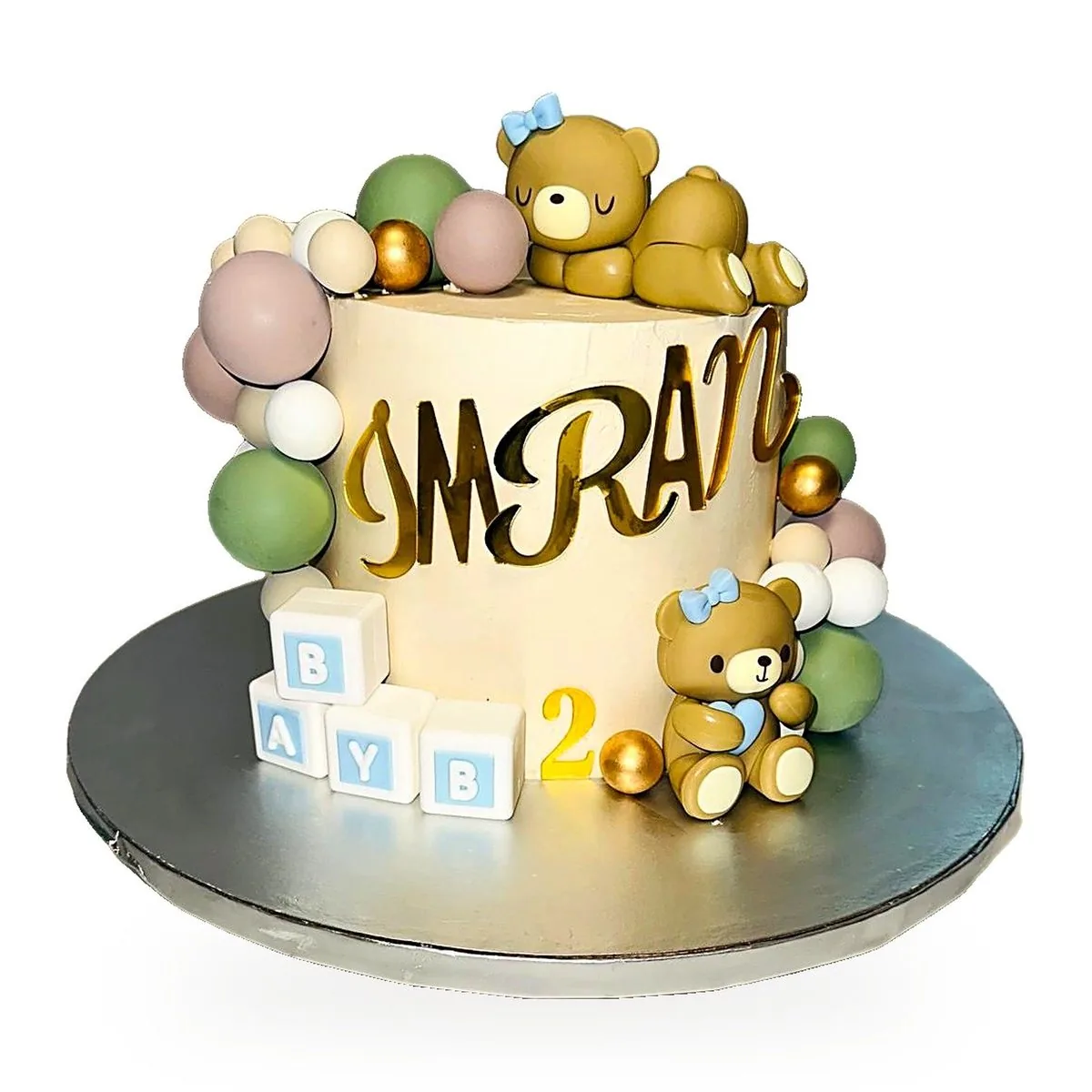 Gâteau ourson crème et or pour baptême ou anniversaire bébé, cake design Seine-Saint-Denis