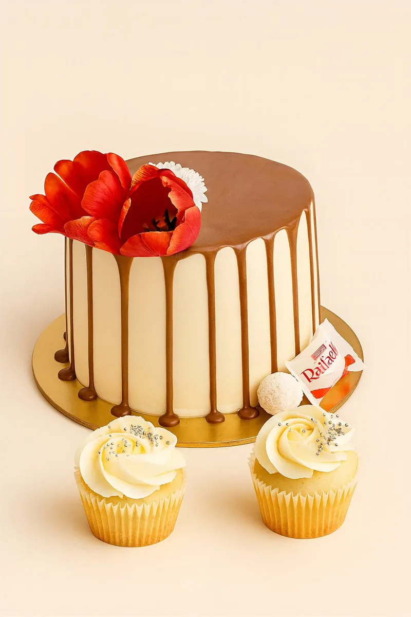 Layer cake drip caramel et fleurs fraîches avec cupcakes, Nissa Cake