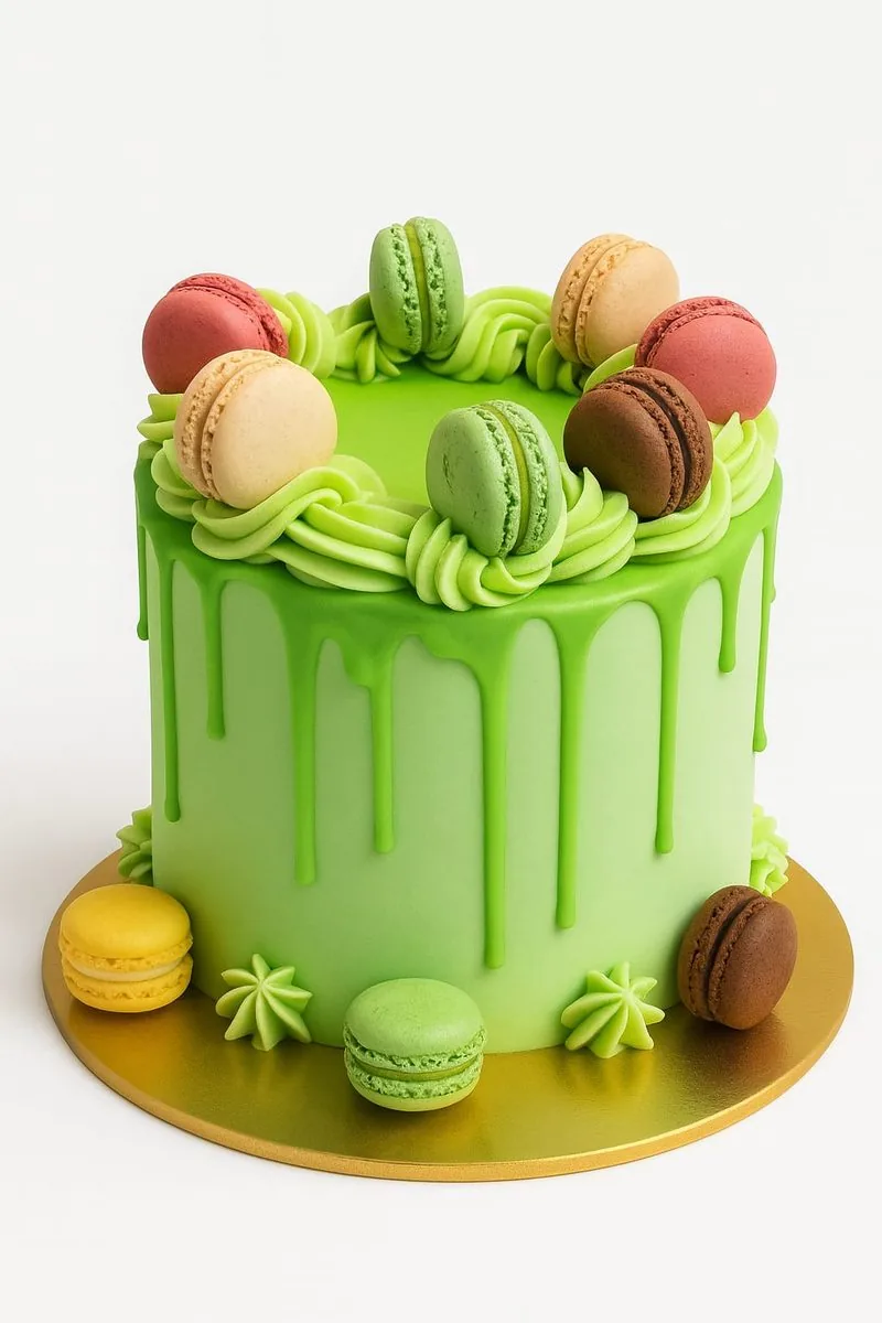 Layer cake vert pistache et macarons, dessert fait maison Blanc-Mesnil