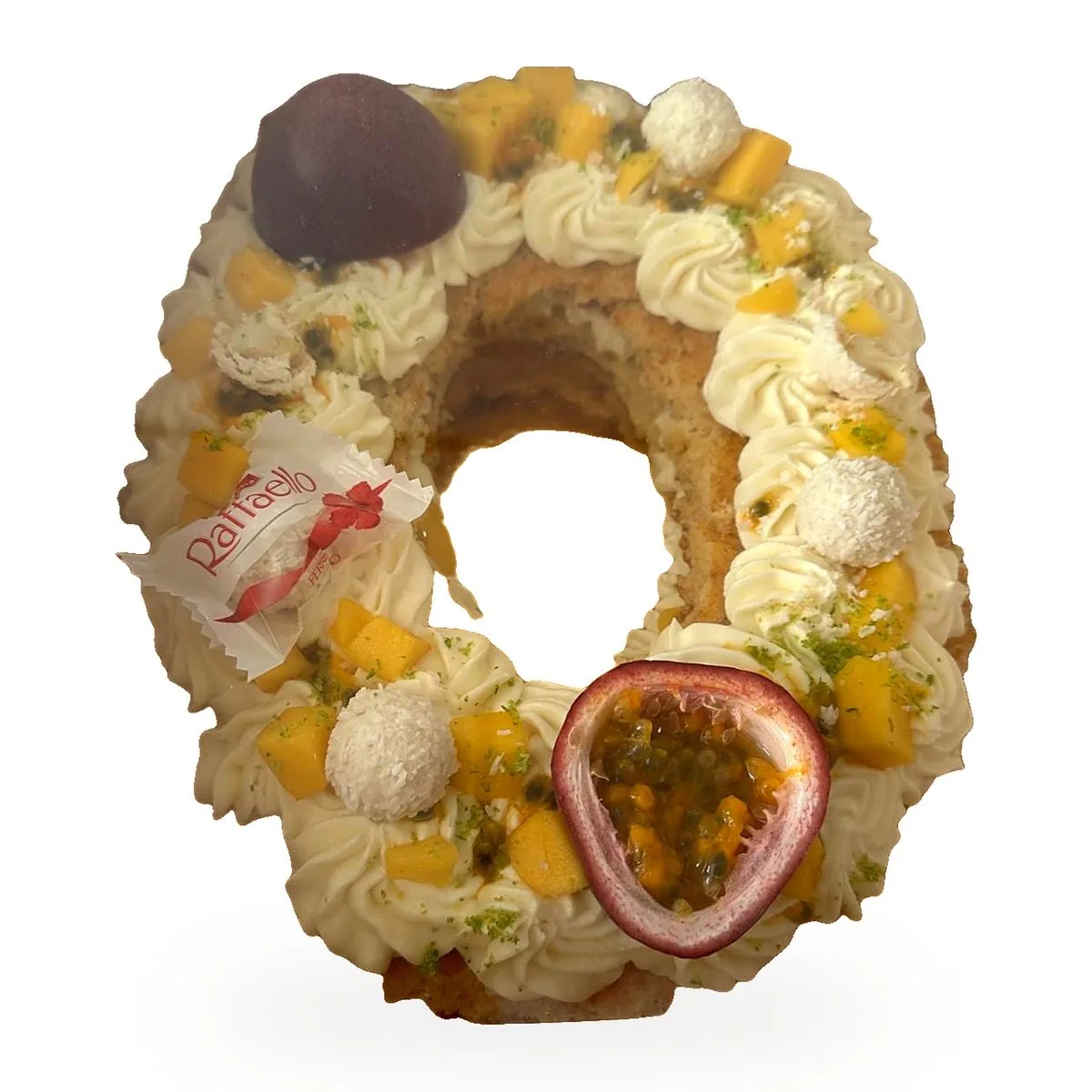 Number cake chiffre 0 mangue passion, crème et Raffaello, livré en Seine-Saint-Denis