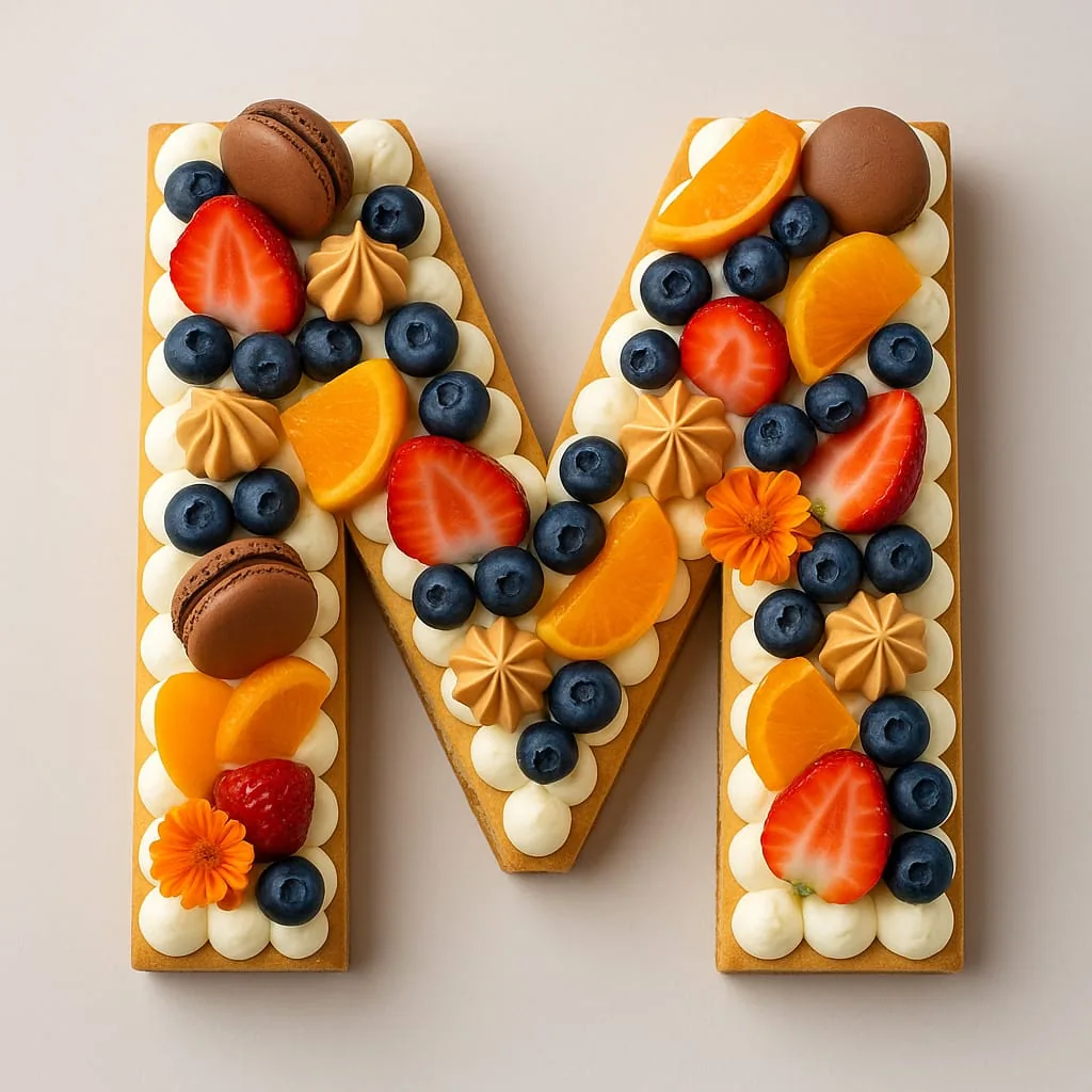 Letter cake lettre M fruits frais et macarons, pâtisserie livrée à Bobigny