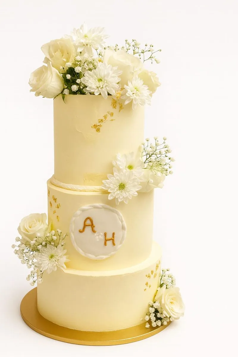 Wedding cake ivoire à trois étages et fleurs fraîches, gâteau de mariage Aulnay-sous-Bois