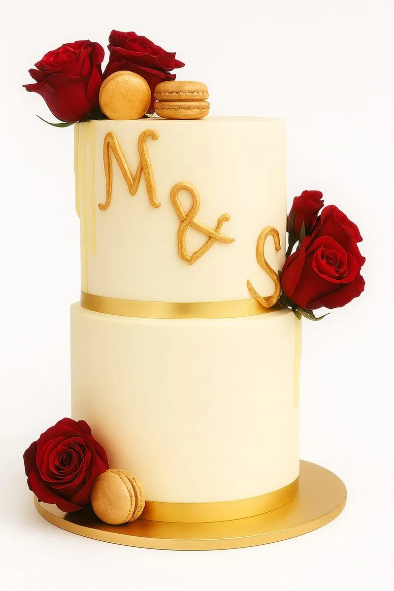 Gâteau de mariage deux étages crème, roses rouges et macarons, Seine-Saint-Denis