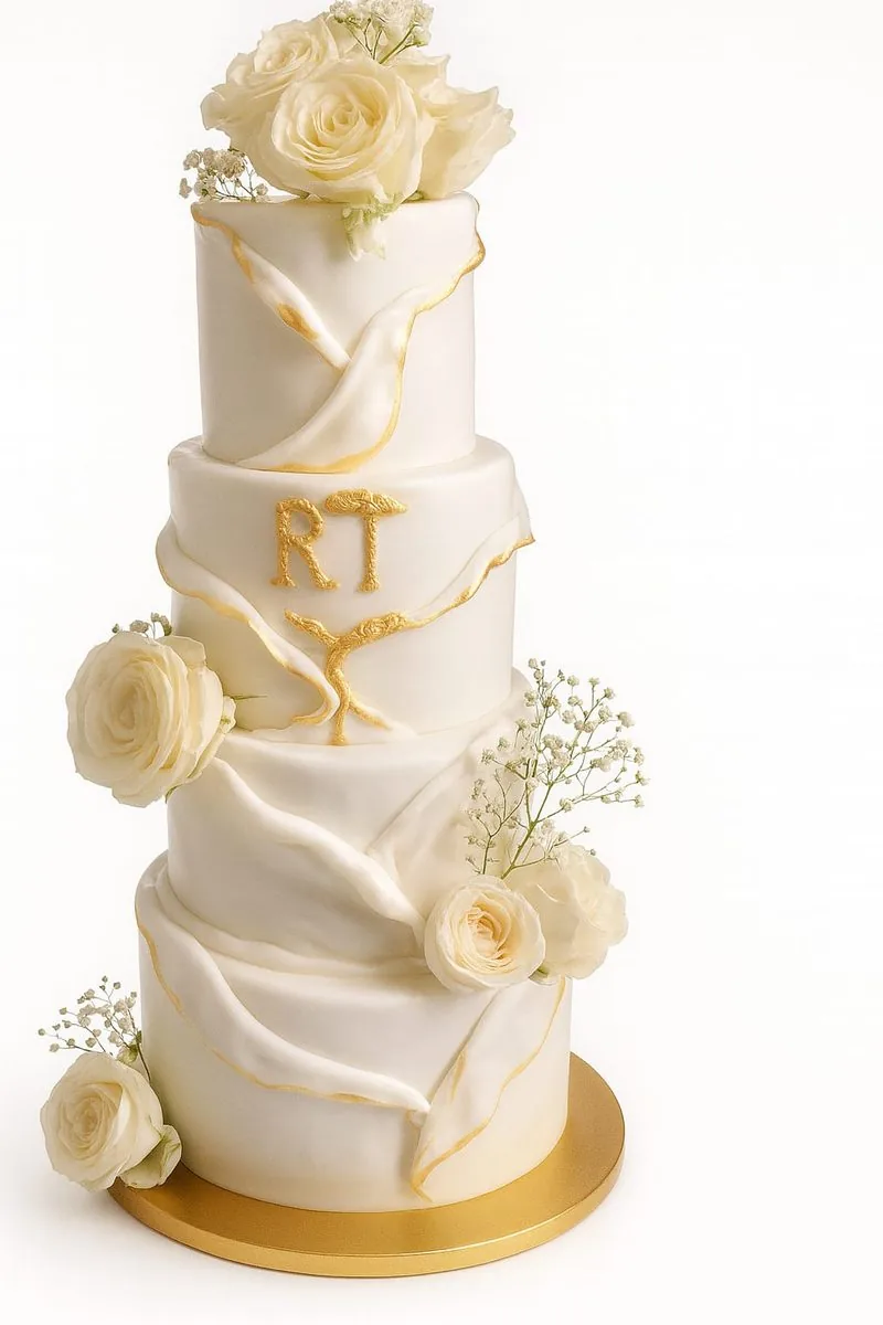 Wedding cake blanc drapé et lettrage doré à quatre étages, mariage région parisienne