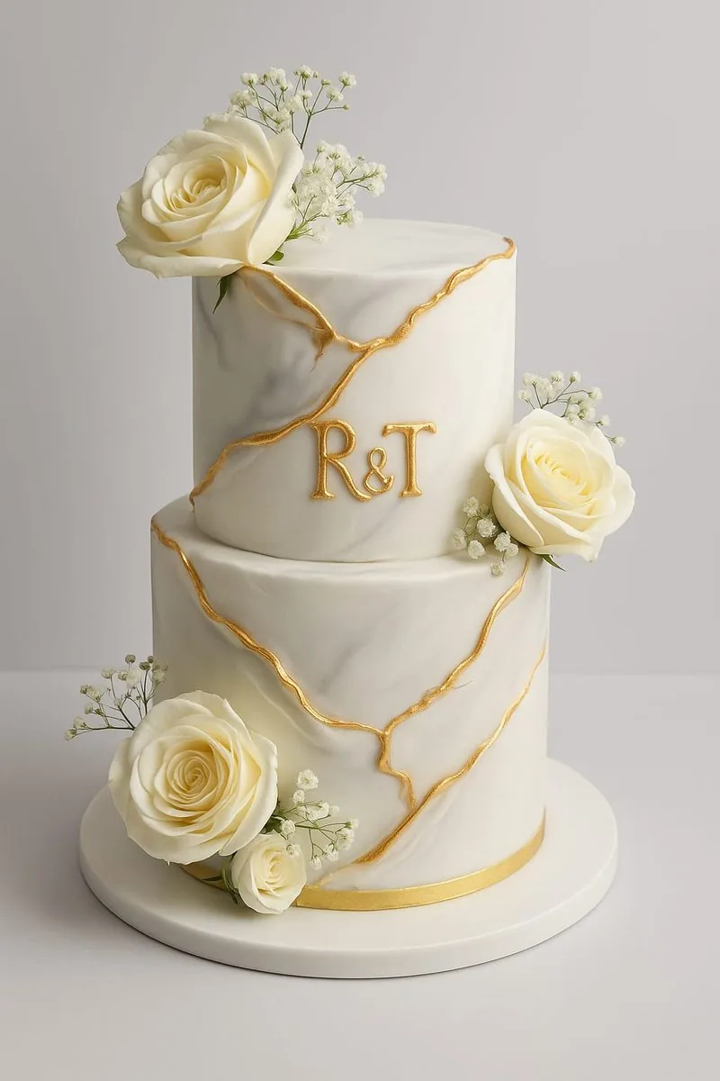 Gâteau de mariage marbré blanc et or à deux étages, livré au Blanc-Mesnil